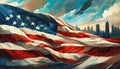 Oil illustration of national American silk fabric flag, dark city and sky on background. Symbol of the United States of America Royalty Free Stock Photo