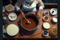 Oil illustration of a view from above of a traditional Argentinian woman preparing a tomato soup. Ai generated