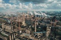 Oil industry. Aerial view of Petrochemical industrial factory, heavy industry, refinery production with smoke pollution