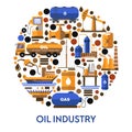 Oil industry banner with icons set in circle and text