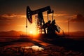 Oil Industry Banner, Silhouette Pumpjack on a Background of Mountains. Overground Drive for a Reciprocating Piston Pump