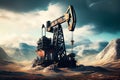 Oil Industry Banner, Silhouette Pumpjack on a Background of Mountains. Overground Drive for a Reciprocating Piston Pump