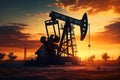 Oil Industry Banner, Silhouette Pumpjack on a Background of Mountains. Overground Drive for a Reciprocating Piston Pump