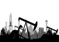 Oil industry banner, silhouette of pumpjack and refinery plant, overground drive for a reciprocating piston pump in an oil well