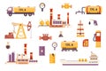 Oil industry bundle of flat scenes. Fuel production isolated set. Drilling rig, factory, oil tanker ship, fuel truck, tank car, Royalty Free Stock Photo