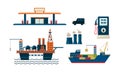 Oil industry business concept. Flat vecroe design of oil platform, gas station, car, ship and factory. Petroleum