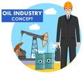 Oil industry concept. Detailed illustration of engineer, businessman on background with oil pump and barrels with fuel flat style