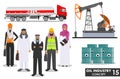 Oil industry concept. Detailed illustration of gasoline truck, oil pump, arab muslim businessman and businesswoman in