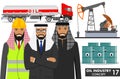 Oil industry concept. Detailed illustration of gasoline truck, oil pump, barrels and arab muslim businessman in flat