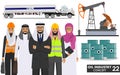 Oil industry concept. Detailed illustration of gasoline truck, oil pump, metal barrels, arab muslim businessman and