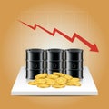 Oil industry concept. Oil price falling down graph with oil tank Royalty Free Stock Photo