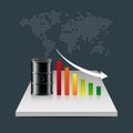 Oil industry concept. Oil price falling down graph with world ma Royalty Free Stock Photo