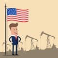 Oil industry concept. Proud businessman or a politician under the American flag on the background of oil pumps. Vector illustratio