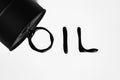 Oil industry concept. Spilled oil from a mini barrel on white background