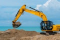 Oil industry heavy machine sea excavator construction sand silhouette business, from mining bucket for excavation and