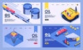 Oil industry isometric vector production with pump rig platform and transportation illustration industrial set landing