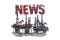 Oil industry news concept with offshore drilling rigs and pumps.