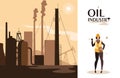Oil industry scene with plant pipeline and worker Royalty Free Stock Photo