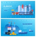 Oil industry vector illustration set, cartoon flat industrial flat banner collection with drilling offshore platform