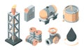 Oil isometric production set. Derrick with fire storage tank canister transportation fuel valve oil tanker storage tank