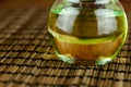 Oil in jar extracted from flax seeds or linseeds. Royalty Free Stock Photo