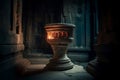 Oil lamp dark interior stone candlestick. Generate Ai