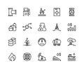 Oil line icons. Gas fuel station, chemical industry petrol tank, petroleum refinery factory, oil rig drill platform