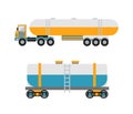 Oil logistic petroleum transportation, tank car, tanker metal barrel flat vector illustration.