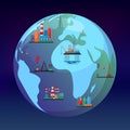 Oil mining production concept vector illustration. Planet earth globe with oil and gas obtain industry facilities. On