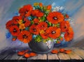 Oil painding - a bouquet of poppies in a vase on a wooden table