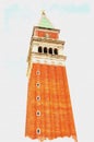 Bell tower of basilica of Saint Mark. Imitation of a picture. Oil paint. Illustration. City Venice
