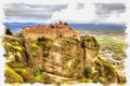 Greece. Meteora. Monastery of Saint Stephen. Imitation of a picture. Oil paint. Illustration