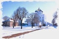 The ancient Kremlin in the city of Pskov. Trinity Cathedral. Imitation of a picture. Oil paint. Illustration