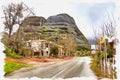 Greece. Meteora. Monastery on a rock. Road. Imitation of a picture. Oil paint. Illustration Royalty Free Stock Photo