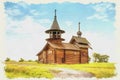 Kizhi. Old wooden church. Imitation of a picture. Oil paint. Illustration Royalty Free Stock Photo