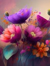 Generative AI: oil painted colorful flowers on light purple velvet background Royalty Free Stock Photo