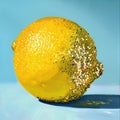 An oil painted lemon with a shimmering disco ball effect, placed on a light blue background Royalty Free Stock Photo