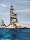 Oil painting of an abandoned lighthouse at Cape Aniva