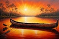 An Oil Painting - Aboriginal canoe at sunrise