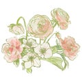 Oil painting abstract bouquet of ranunculus, rose and jasmine. Hand painted floral composition isolated on white