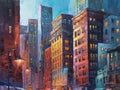 Oil painting of an abstract whimsical cityscape with skyscrapers.