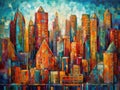 Oil painting of an abstract whimsical cityscape with skyscrapers.