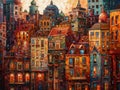 Oil painting of an abstract whimsical cityscape with skyscrapers.