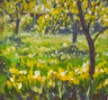 Oil painting with acrylic on canvas. Sunny spring summer day in garden rural landscape nature. Glade of green grass, flowering tre