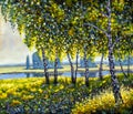 Oil painting acrylic modern art Russian sunny rural landscape with spring birch trees forest and river pond Royalty Free Stock Photo