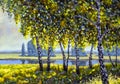 Oil painting acrylic modern art Russian sunny rural landscape with spring birch trees forest and river pond