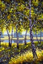 Oil painting acrylic modern art Russian sunny rural landscape with spring birch trees forest and river pond Royalty Free Stock Photo