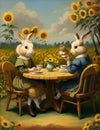 An oil painting of the adorable rabbits sitting ata a small round table drinking tea and eating cake, field of sun flower Royalty Free Stock Photo