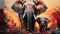 Oil painting of adult elephant and baby elephant