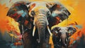 Oil painting of adult elephant and baby elephant